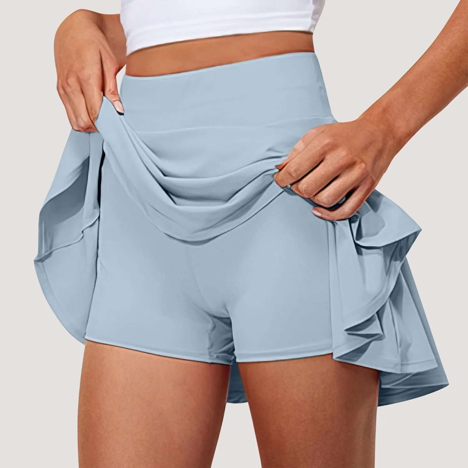 2 Piece Skirts for Women high Waist Solid 2 in 1 Basic Versatile Stretchy Flared Flowy Mini Skirts, S-2XL
