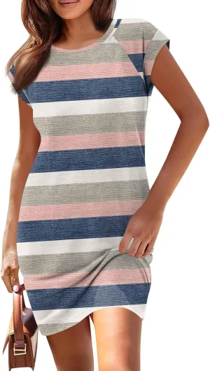 2025 Women Summer Round Neck Casual T Shirt Dresses Short Sleeve Swing Dress