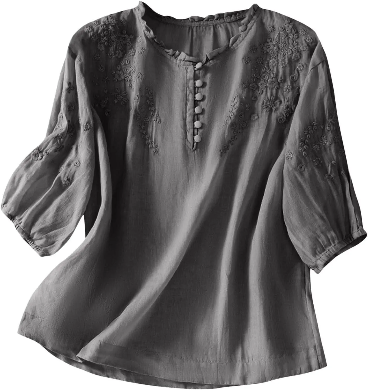 2025 Women's Cotton Linen Button Short Sleeve Shirts Summer Crew Neck Casual Boho Top Vintage Embroidered Blouse Tops