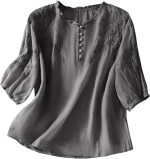 2025 Women's Cotton Linen Button Short Sleeve Shirts Summer Crew Neck Casual Boho Top Vintage Embroidered Blouse Tops