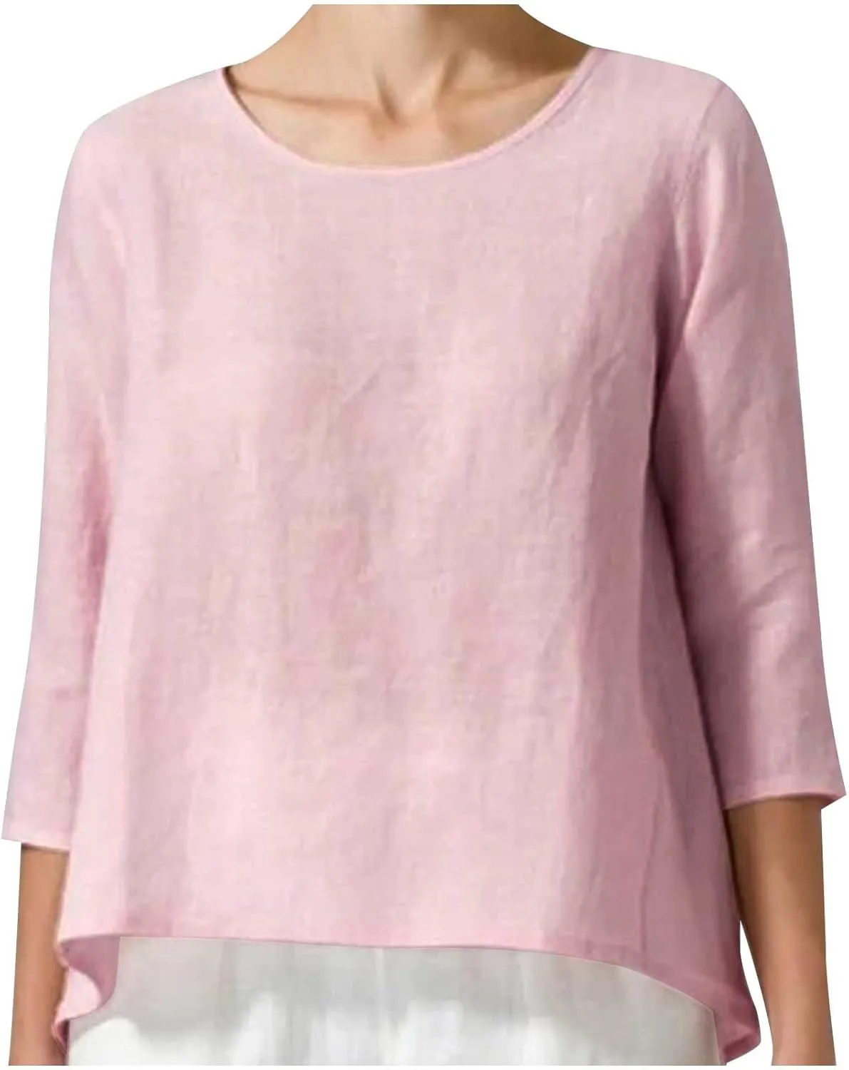 2025 Womens Linen 3/4 Sleeve Blouse Crew Neck Summer Casual Tops Loose Fit Flowy Tunics Tees Dressy Peasant Shirts