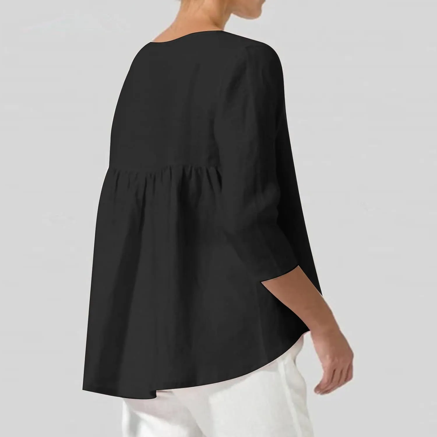 2025 Womens Linen 3/4 Sleeve Blouse Crew Neck Summer Casual Tops Loose Fit Flowy Tunics Tees Dressy Peasant Shirts