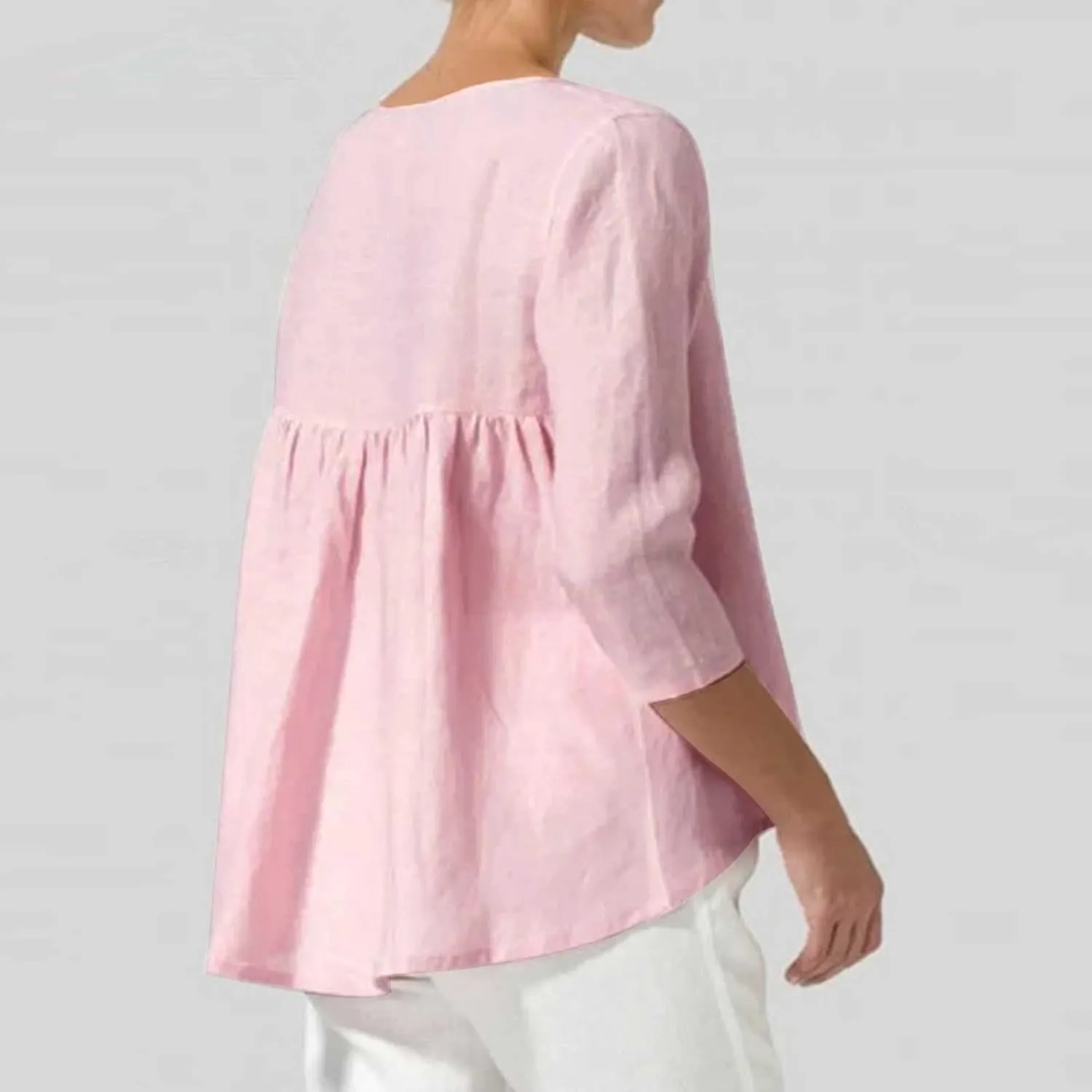 2025 Womens Linen 3/4 Sleeve Blouse Crew Neck Summer Casual Tops Loose Fit Flowy Tunics Tees Dressy Peasant Shirts