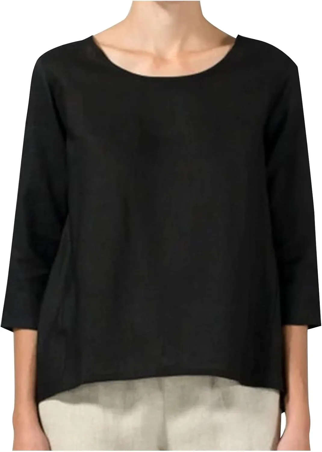 2025 Womens Linen 3/4 Sleeve Blouse Crew Neck Summer Casual Tops Loose Fit Flowy Tunics Tees Dressy Peasant Shirts