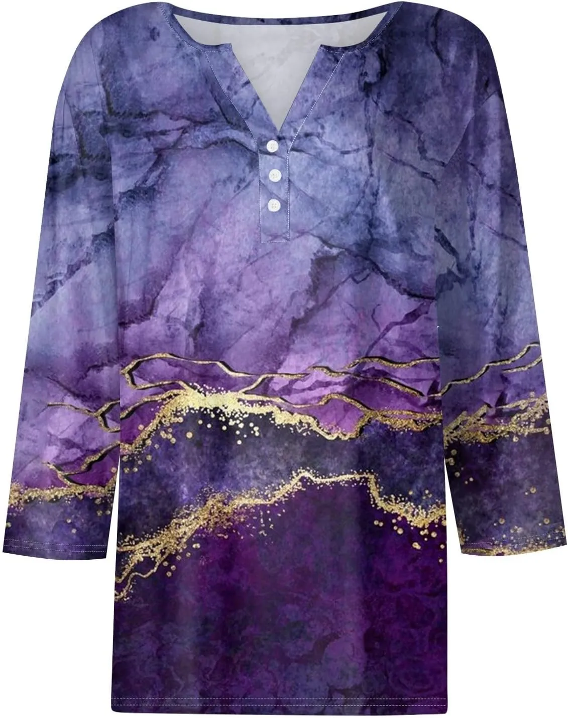 3/4 Sleeve T Shirts for Women Printed Button Down Tshirt V Neck Casual Loose Tunic Tops Dressy Summer Shirts