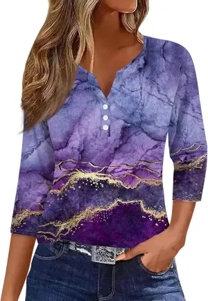 3/4 Sleeve T Shirts for Women Printed Button Down Tshirt V Neck Casual Loose Tunic Tops Dressy Summer Shirts