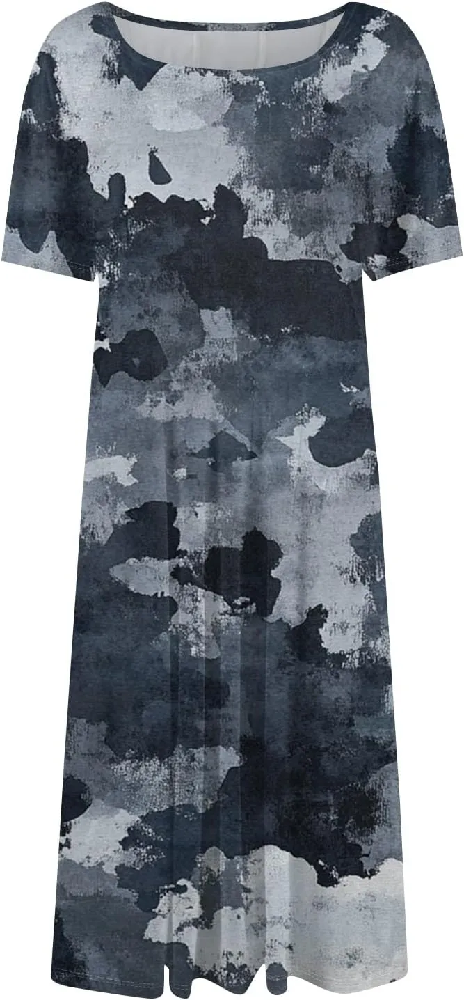 ADHOWBEW Boho Dresses for Women 2025 Short Sleeve Beach Cute Sexy Hawaiian Comfy Loose Fit Casual O Neck Dresses