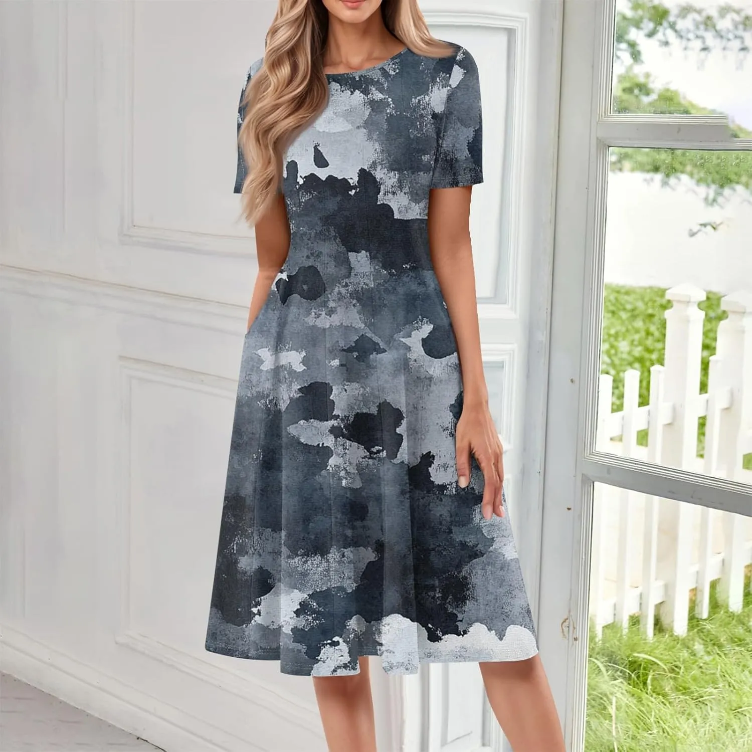 ADHOWBEW Boho Dresses for Women 2025 Short Sleeve Beach Cute Sexy Hawaiian Comfy Loose Fit Casual O Neck Dresses