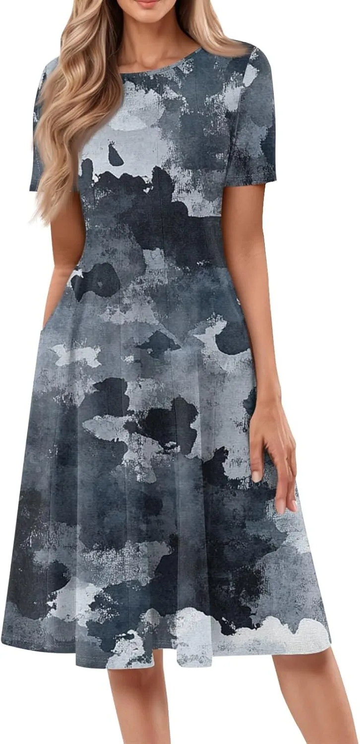 ADHOWBEW Boho Dresses for Women 2025 Short Sleeve Beach Cute Sexy Hawaiian Comfy Loose Fit Casual O Neck Dresses