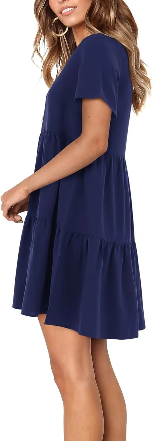 Amoretu Women Summer Tunic Dress V Neck Short Sleeve Casual Loose Flowy Swing Shift Dresses