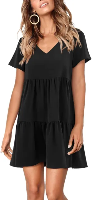 Amoretu Women Summer Tunic Dress V Neck Short Sleeve Casual Loose Flowy Swing Shift Dresses