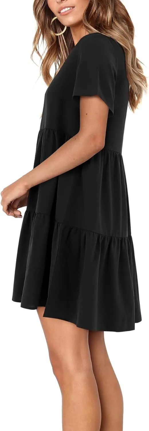 Amoretu Women Summer Tunic Dress V Neck Short Sleeve Casual Loose Flowy Swing Shift Dresses
