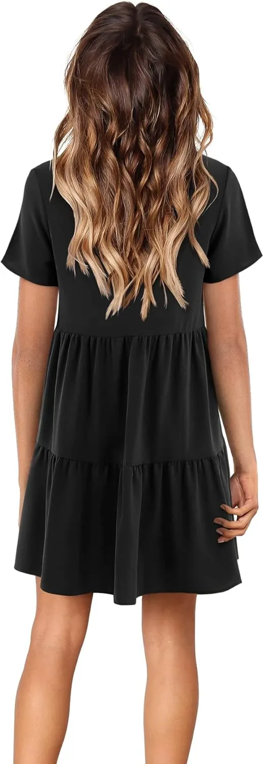 Amoretu Women Summer Tunic Dress V Neck Short Sleeve Casual Loose Flowy Swing Shift Dresses