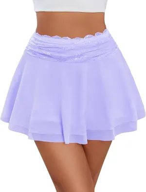 Avidlove Women's Pleated Mini Skirt Lace Mesh Layered Ruffled Lingerie Short Skirts