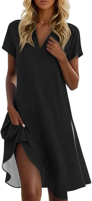 Azeralia Women's 2025 Summer Short Sleeve Mini Dress Casual Collared V Neck Loose T Shirt Dresses Maxi Dresses
