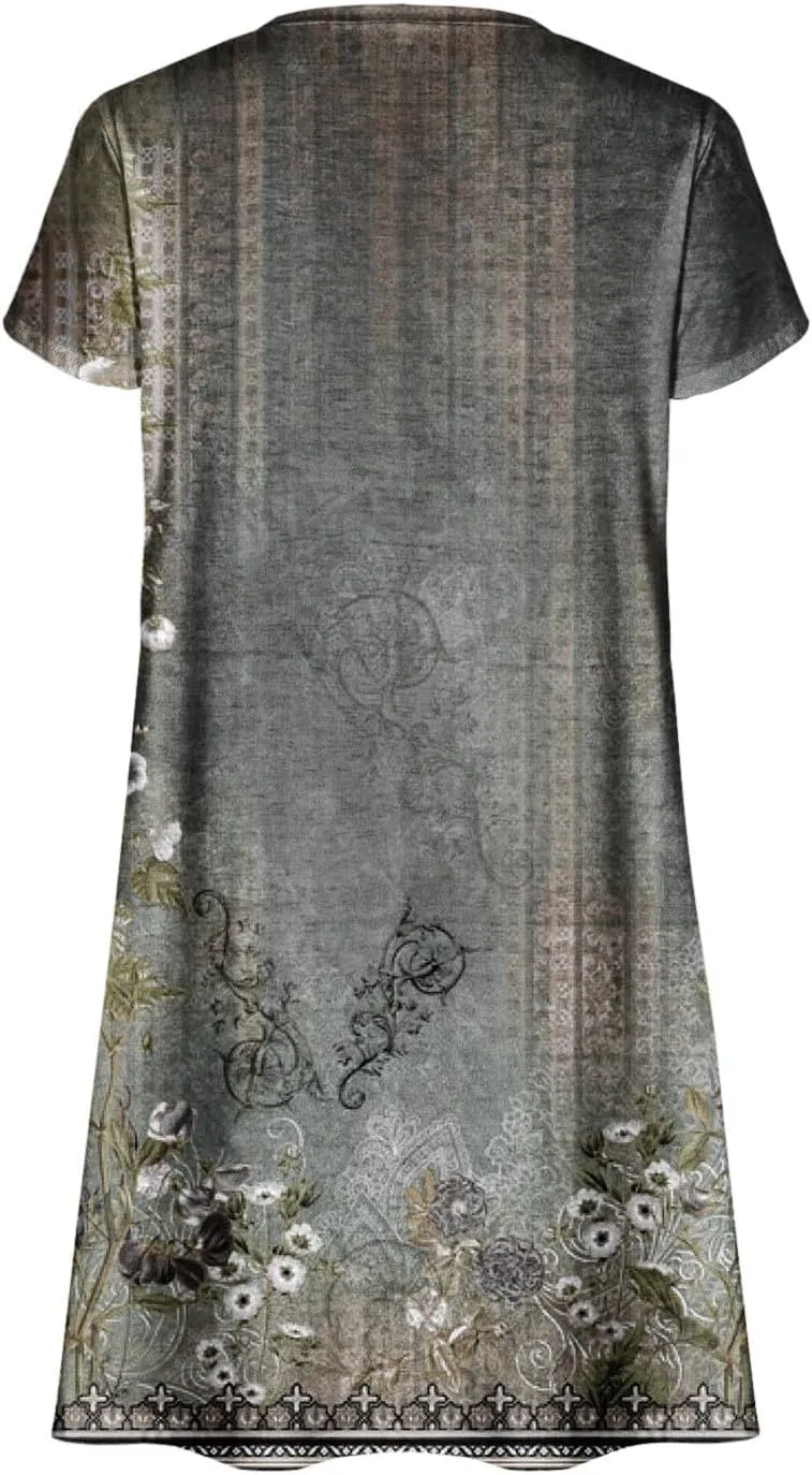 Beach Dresses for Women Casual V-Neck Short Sleeve Bohemian Print Sundress Summer Floral Fashion Dress 2025