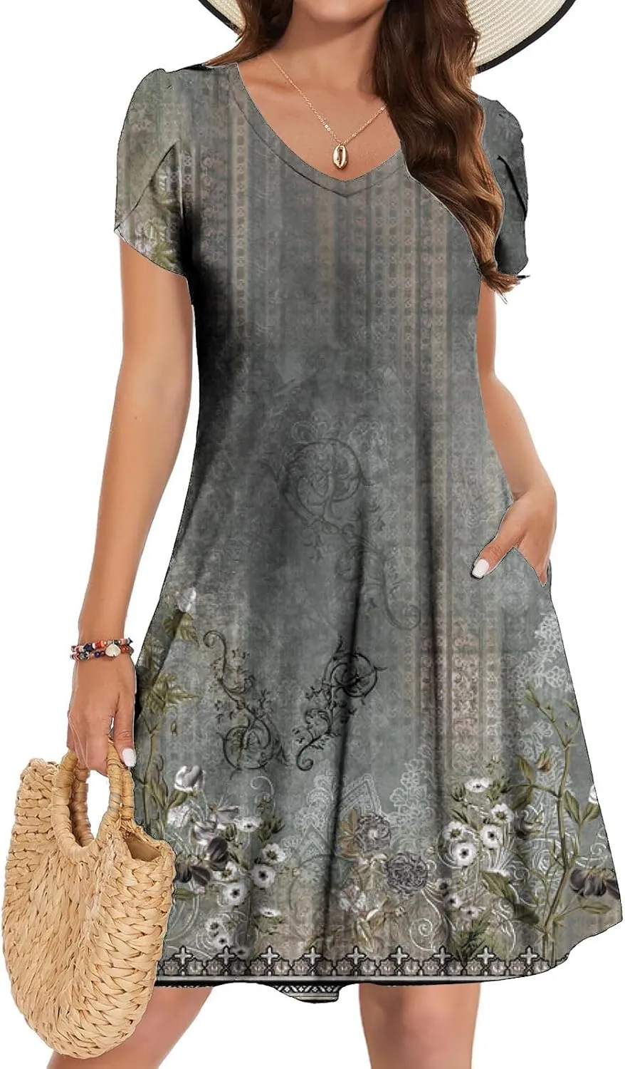 Beach Dresses for Women Casual V-Neck Short Sleeve Bohemian Print Sundress Summer Floral Fashion Dress 2025