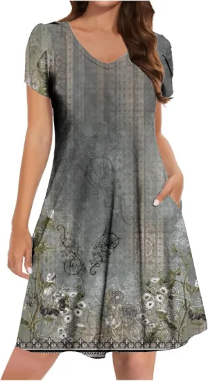 Beach Dresses for Women Casual V-Neck Short Sleeve Bohemian Print Sundress Summer Floral Fashion Dress 2025
