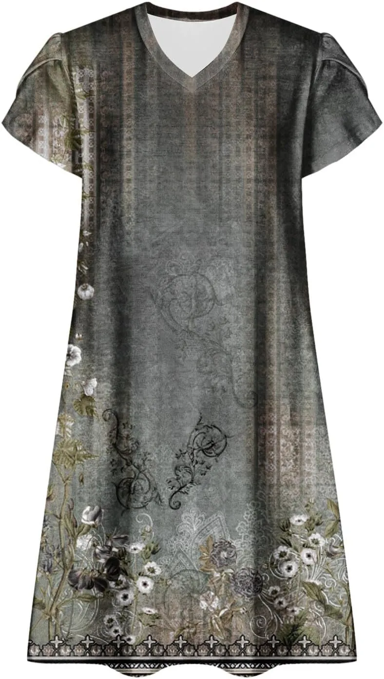 Beach Dresses for Women Casual V-Neck Short Sleeve Bohemian Print Sundress Summer Floral Fashion Dress 2025