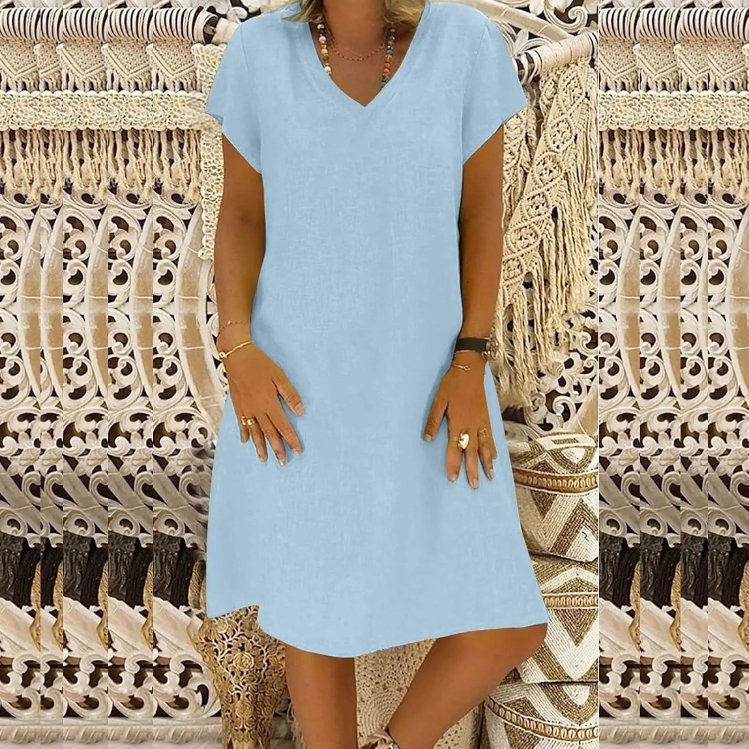 Beach Dresses for Women V Neck Lightweight Short Sleeve Sundresses Solid Color Cotton Linen Summer Dress
