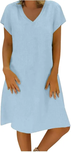 Beach Dresses for Women V Neck Lightweight Short Sleeve Sundresses Solid Color Cotton Linen Summer Dress