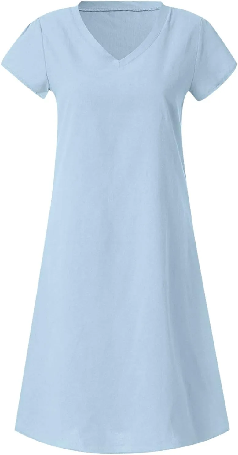 Beach Dresses for Women V Neck Lightweight Short Sleeve Sundresses Solid Color Cotton Linen Summer Dress