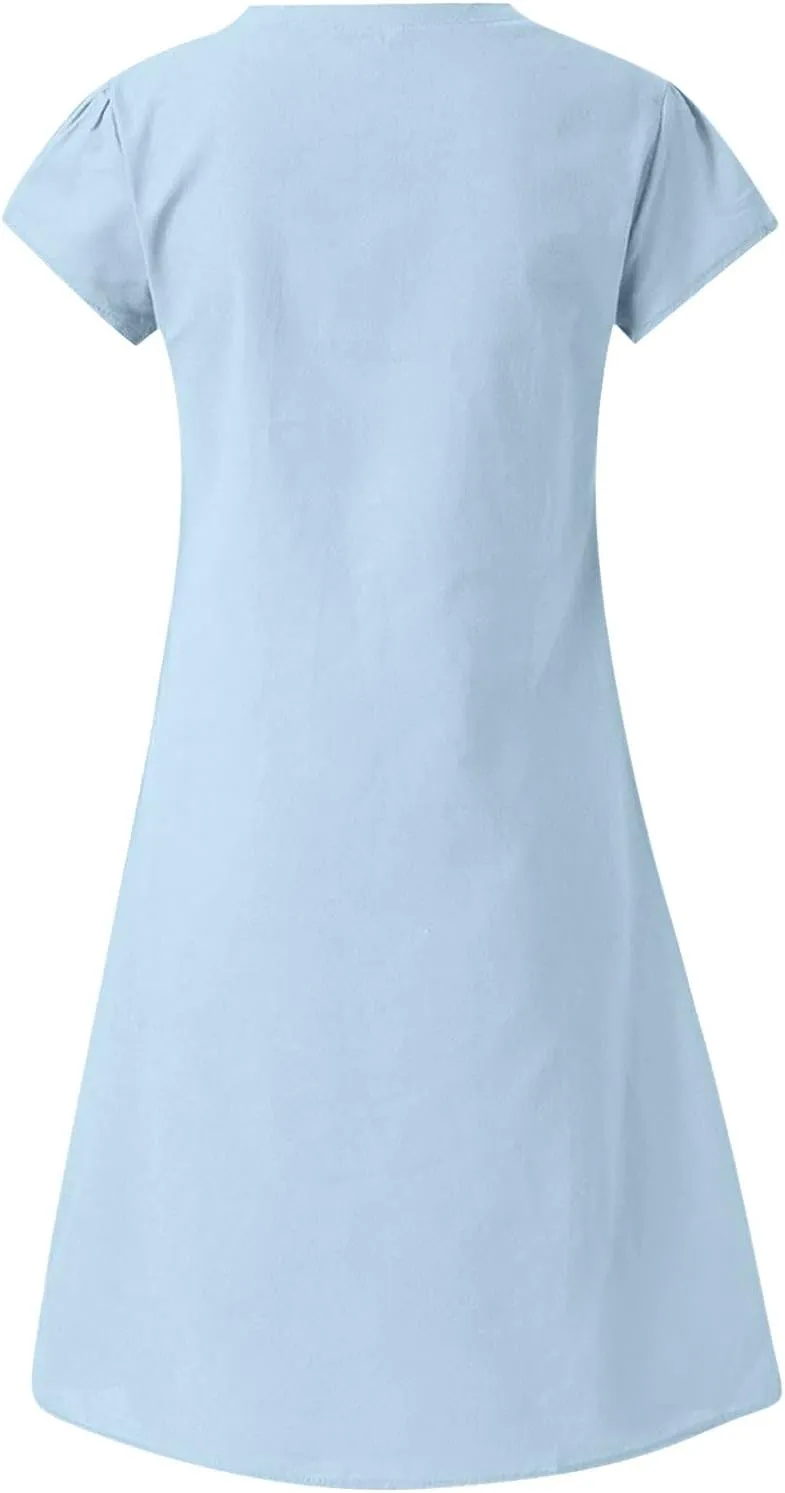 Beach Dresses for Women V Neck Lightweight Short Sleeve Sundresses Solid Color Cotton Linen Summer Dress