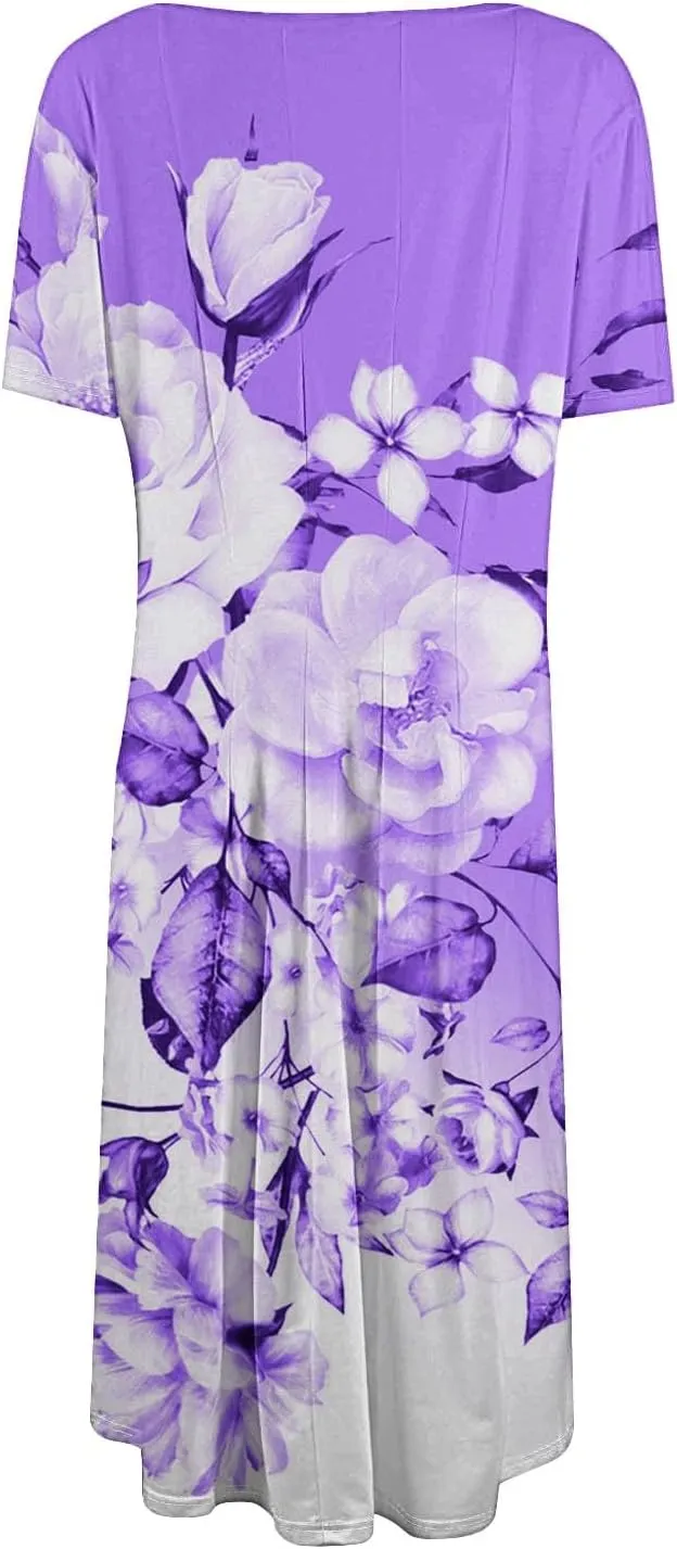 Beach Vacation Short Sleeve Crewneck Casual Loose Summer Short Sleeve Beach Dress with Square Neck Floral Midi Dress