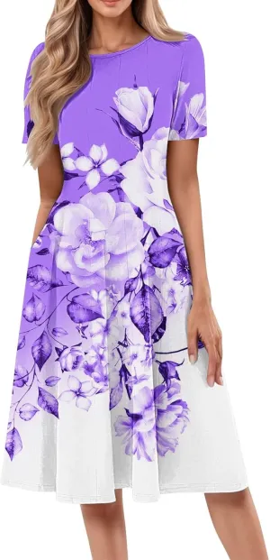 Beach Vacation Short Sleeve Crewneck Casual Loose Summer Short Sleeve Beach Dress with Square Neck Floral Midi Dress