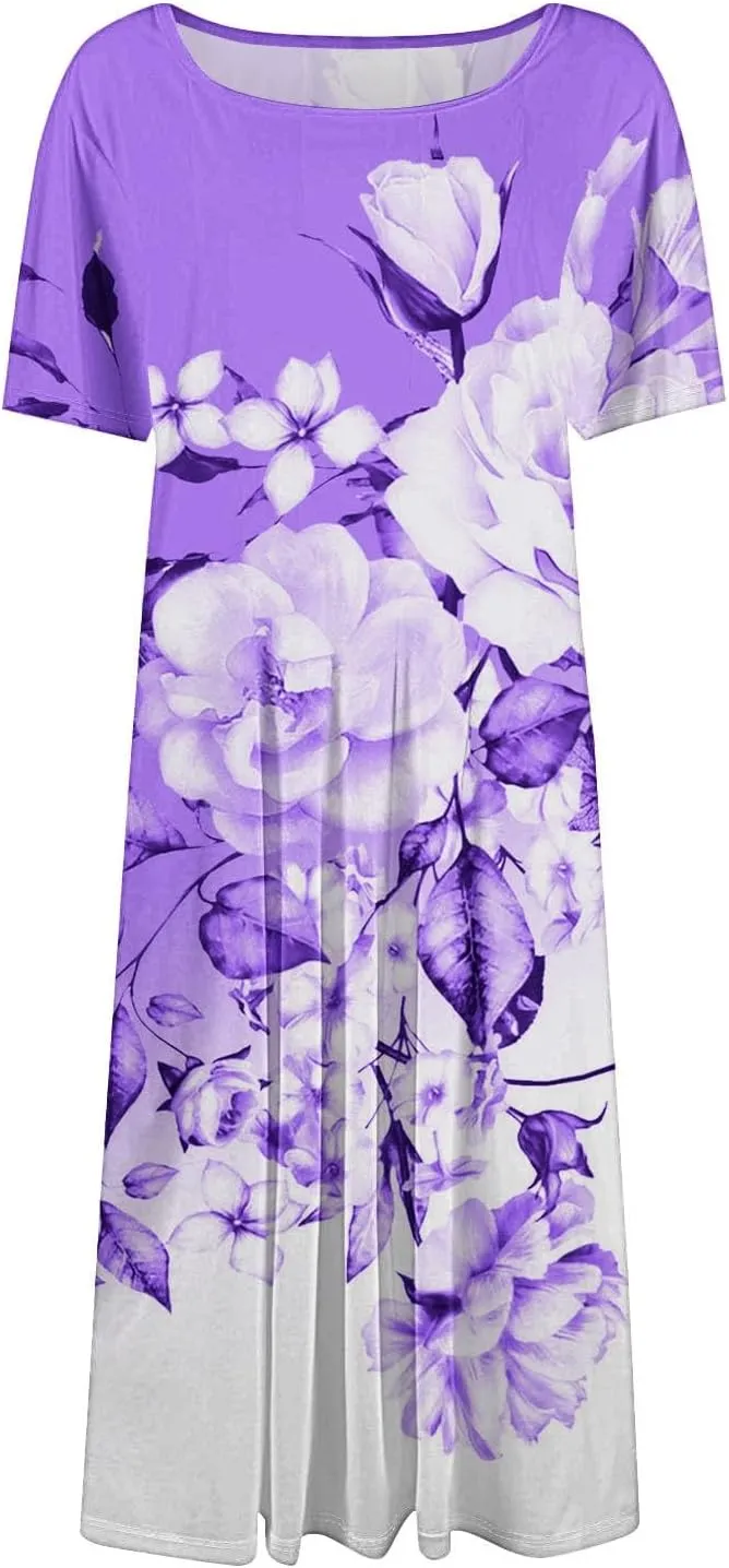 Beach Vacation Short Sleeve Crewneck Casual Loose Summer Short Sleeve Beach Dress with Square Neck Floral Midi Dress