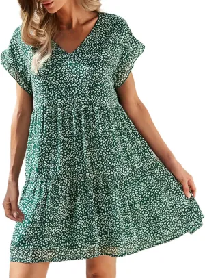 Boho Beach Dresses for Women Cute Floral V Neck Ruffle Sleeve Tiered Mini Dress Gift Boho Swimsuit Coverup for Women