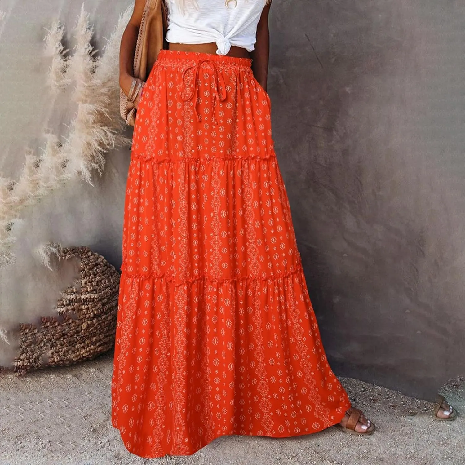 Boho Skirt for Women Elastic High Waist Pleated A-Line Flowy Swing Tiered Maxi Long Skirt Dress with Pockets
