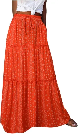Boho Skirt for Women Elastic High Waist Pleated A-Line Flowy Swing Tiered Maxi Long Skirt Dress with Pockets