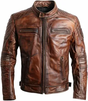Brown Real Biker Men's LeatherJacket-Brown Distressed Vintage Sheepskin Moto Leather Jacket-Slim Fit Genuine Stylish Jacket