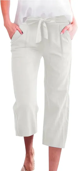 Capri Pants for Women Plus Size Linen Gaucho Pants with Knot Tie Casual Summer Crop Wide Leg Trousers Beach Outfits