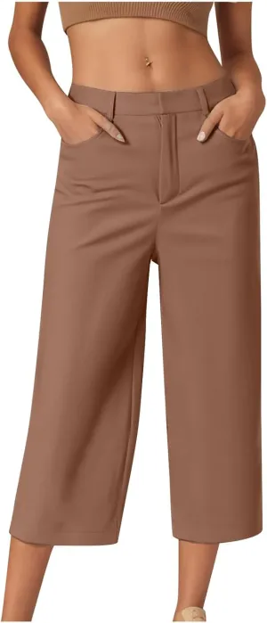 Capri Pants for Women Summer Cropped Pants Casual Business Pants Loose Comfy Work Pants Beach Trousers with Pockets