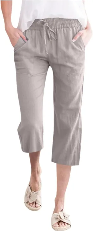 Capris Pants for Women Casual Summer 2025 Cotton Linen Palazzo Drawstring High Waist Wide Leg Cropped Trouser