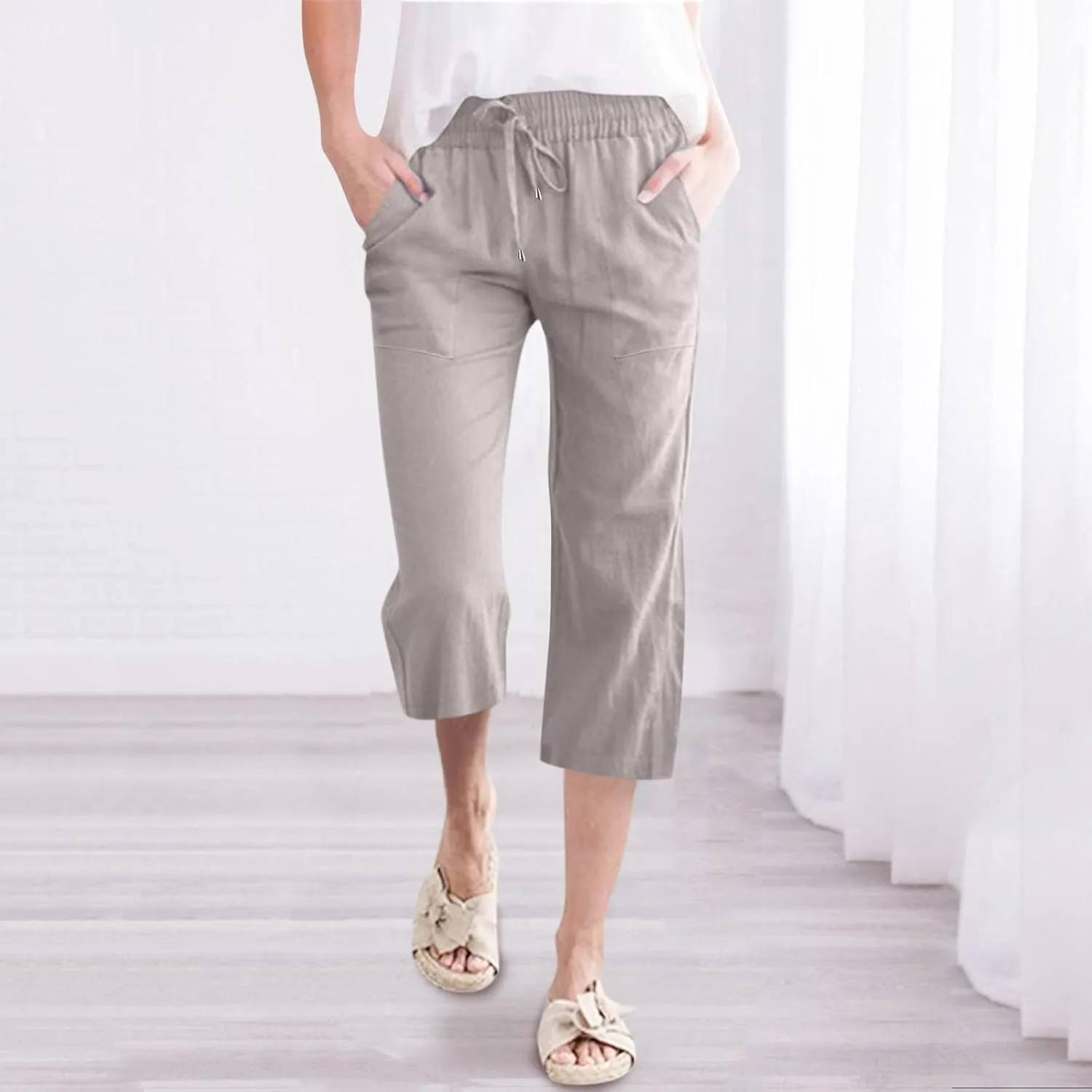 Capris Pants for Women Casual Summer 2025 Cotton Linen Palazzo Drawstring High Waist Wide Leg Cropped Trouser