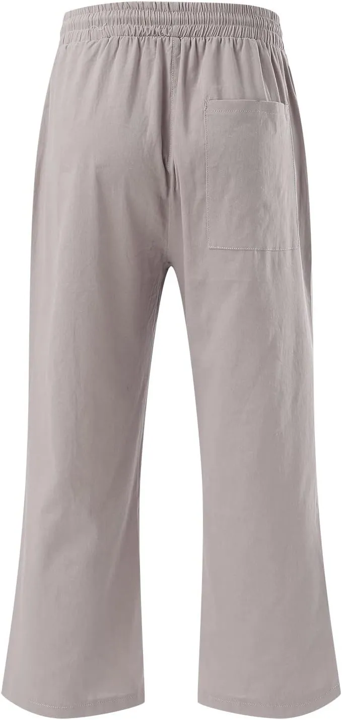 Capris Pants for Women Casual Summer 2025 Cotton Linen Palazzo Drawstring High Waist Wide Leg Cropped Trouser