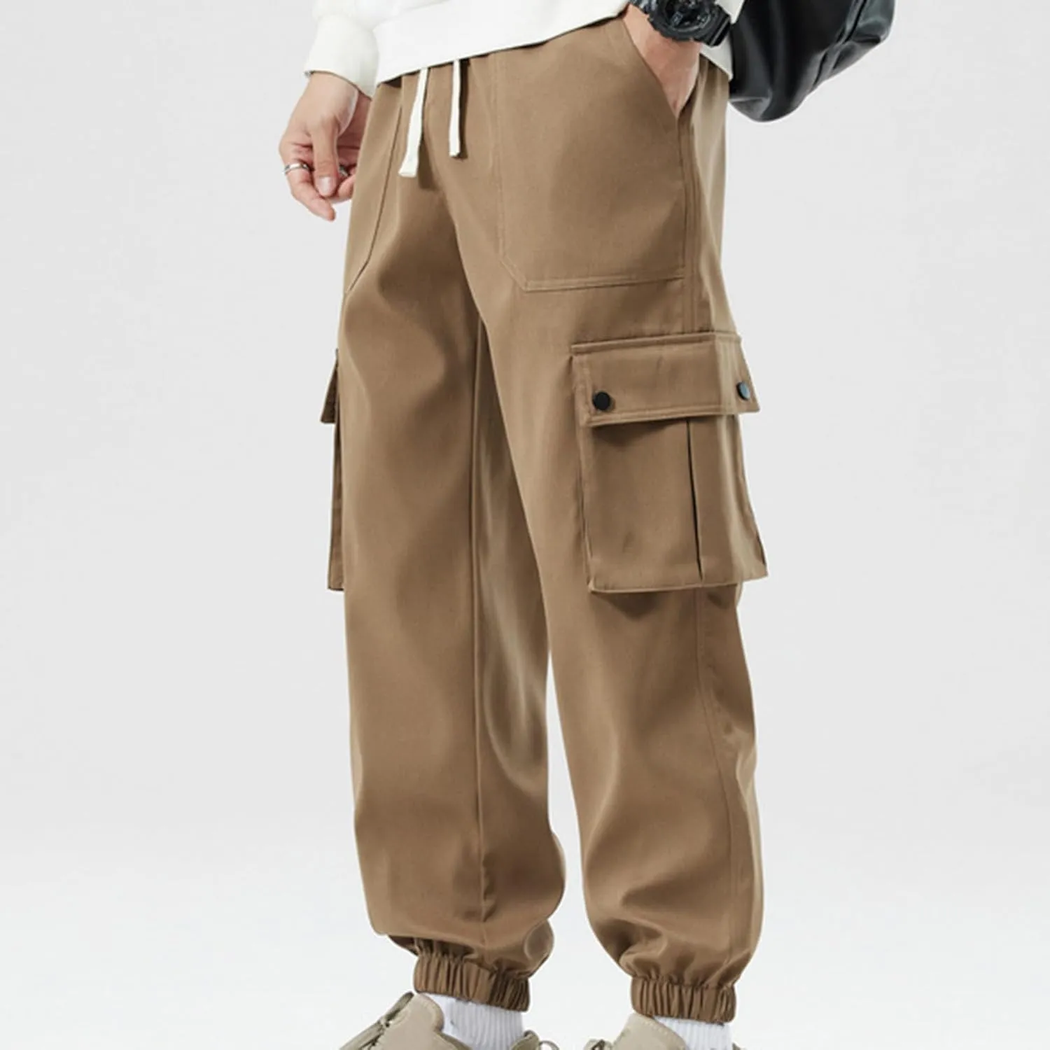 Cargo Pants for Men Multi-Pockets Solid Color Hiking Pants Elastic Waist Drawstring Outdoor Pants Classic Jogger Pants