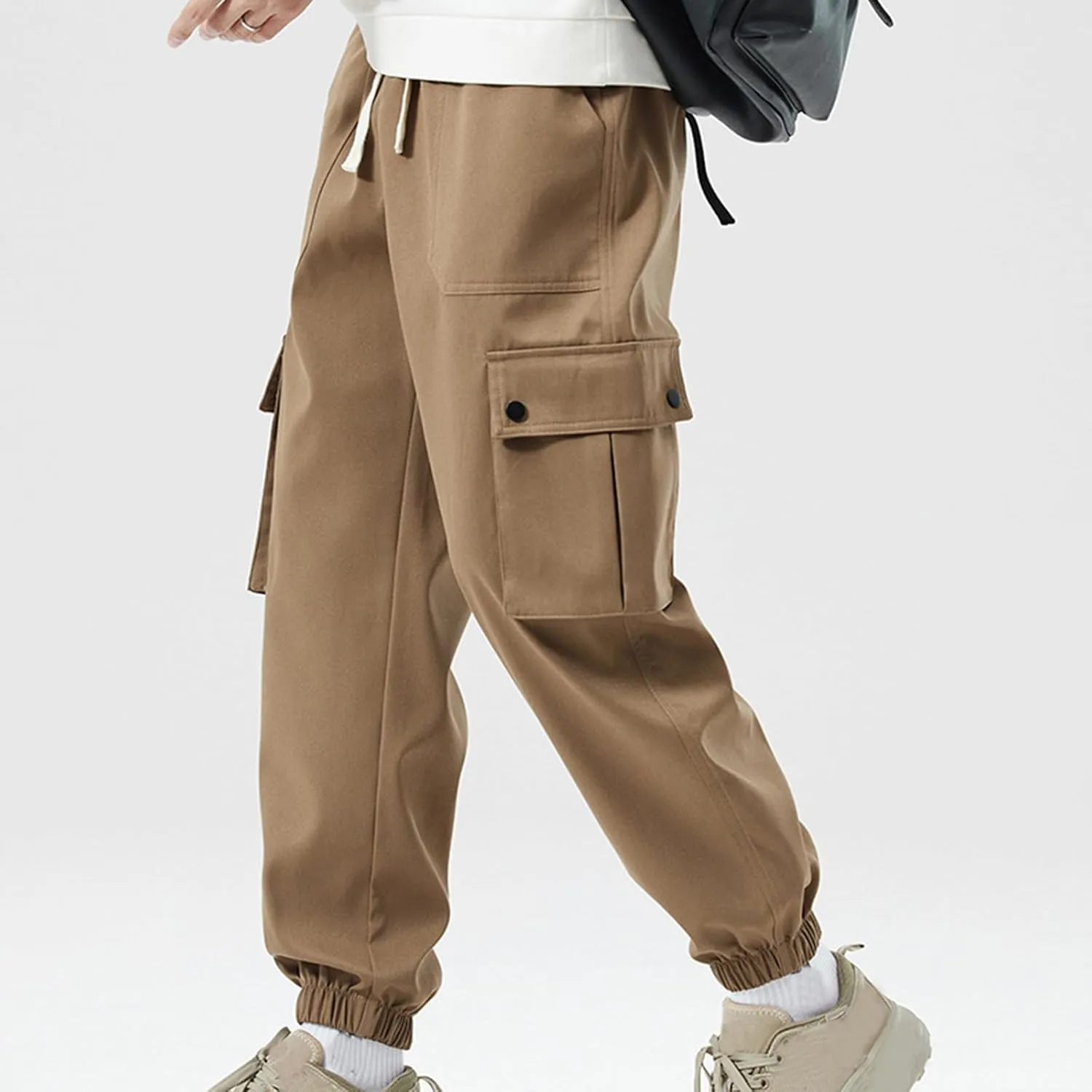 Cargo Pants for Men Multi-Pockets Solid Color Hiking Pants Elastic Waist Drawstring Outdoor Pants Classic Jogger Pants