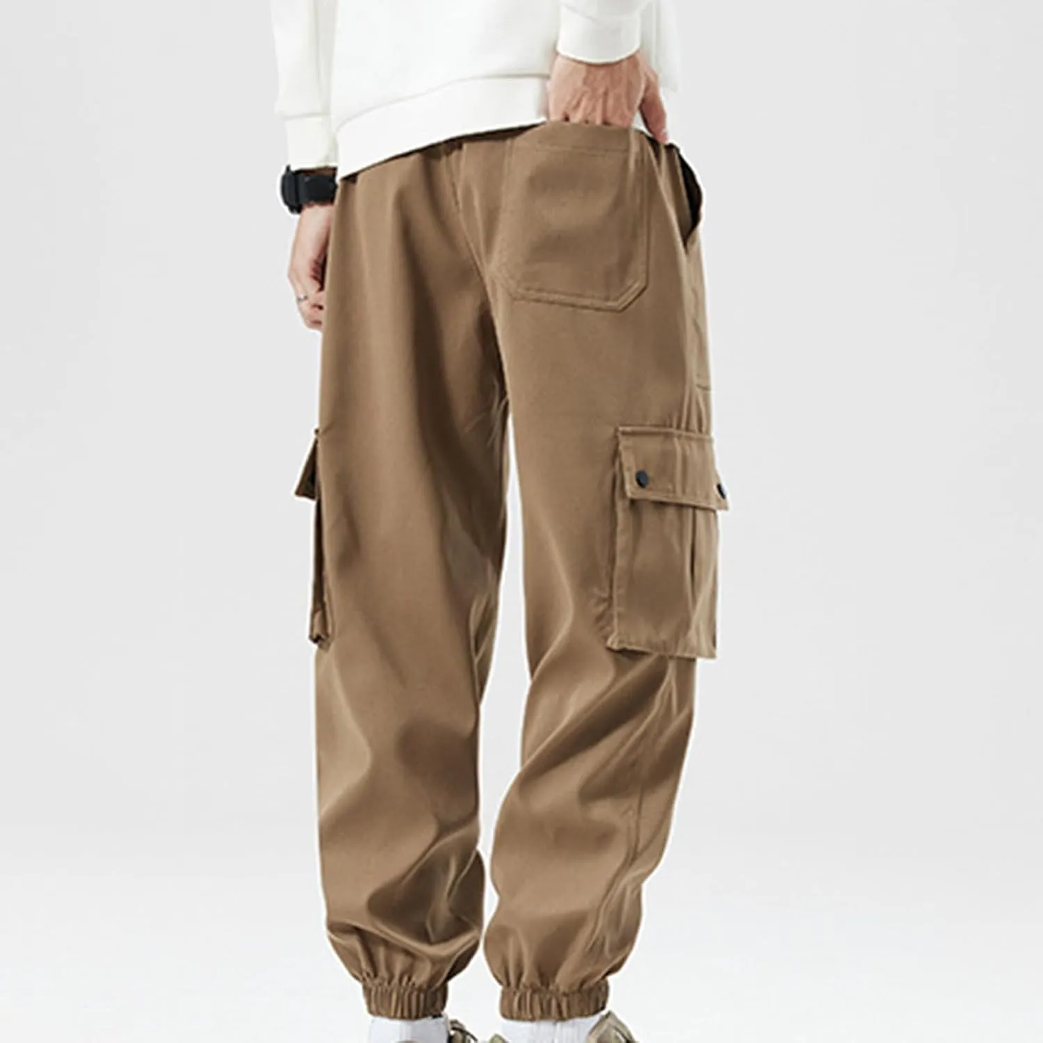 Cargo Pants for Men Multi-Pockets Solid Color Hiking Pants Elastic Waist Drawstring Outdoor Pants Classic Jogger Pants