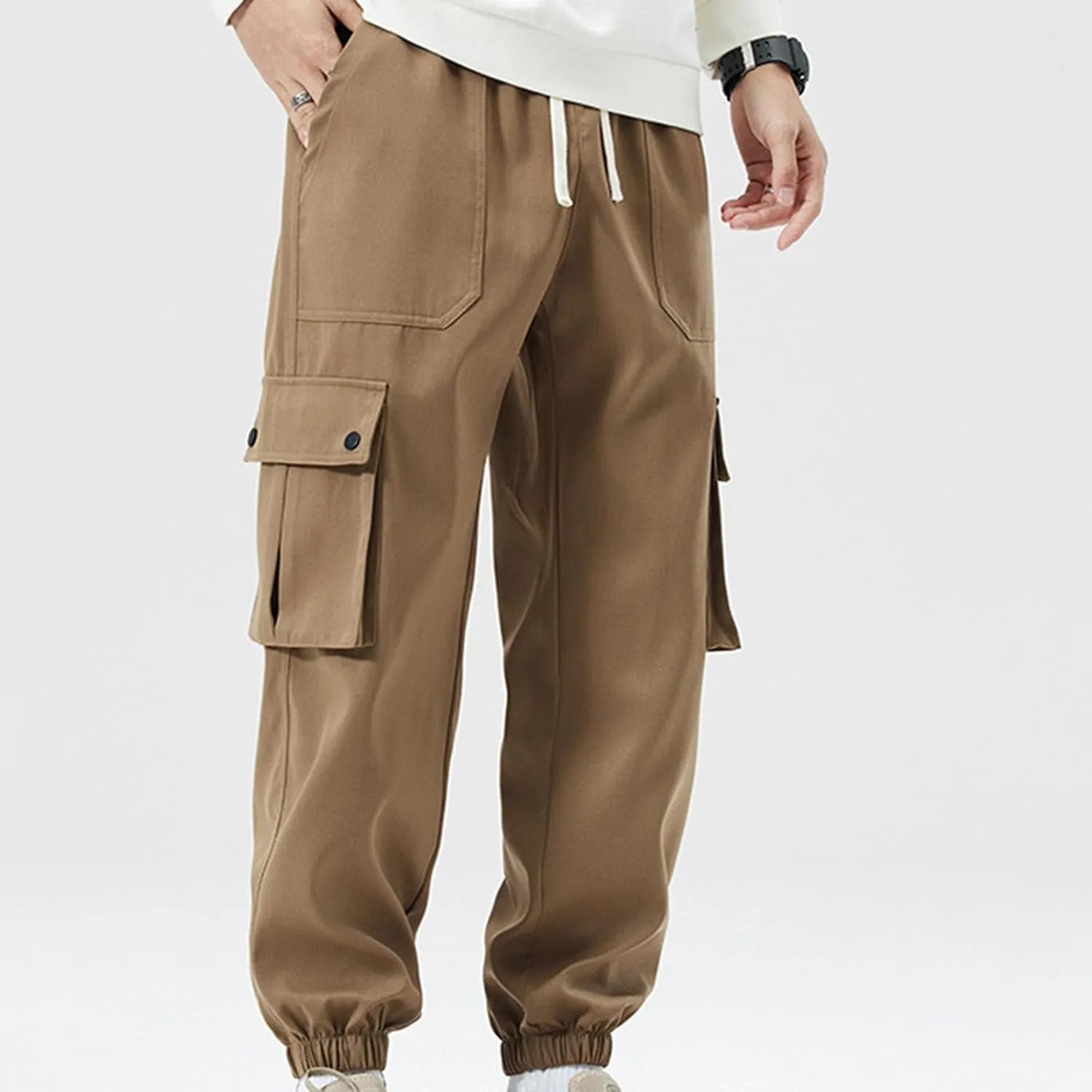 Cargo Pants for Men Multi-Pockets Solid Color Hiking Pants Elastic Waist Drawstring Outdoor Pants Classic Jogger Pants