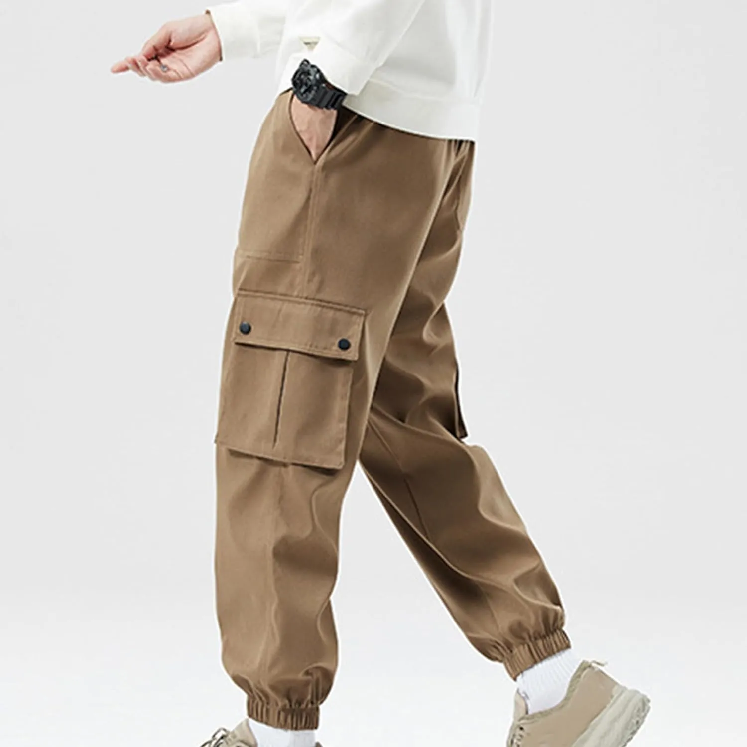 Cargo Pants for Men Multi-Pockets Solid Color Hiking Pants Elastic Waist Drawstring Outdoor Pants Classic Jogger Pants