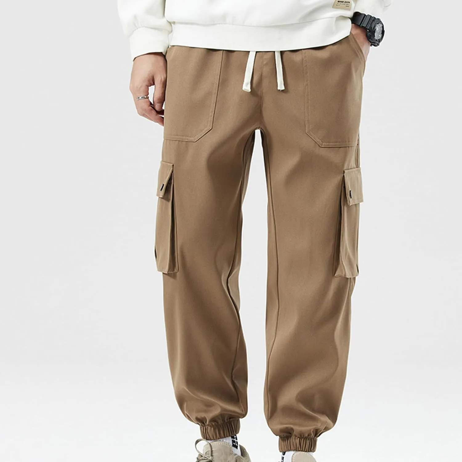 Cargo Pants for Men Multi-Pockets Solid Color Hiking Pants Elastic Waist Drawstring Outdoor Pants Classic Jogger Pants