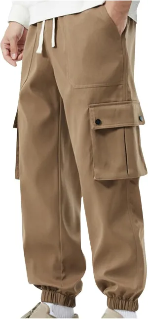Cargo Pants for Men Multi-Pockets Solid Color Hiking Pants Elastic Waist Drawstring Outdoor Pants Classic Jogger Pants