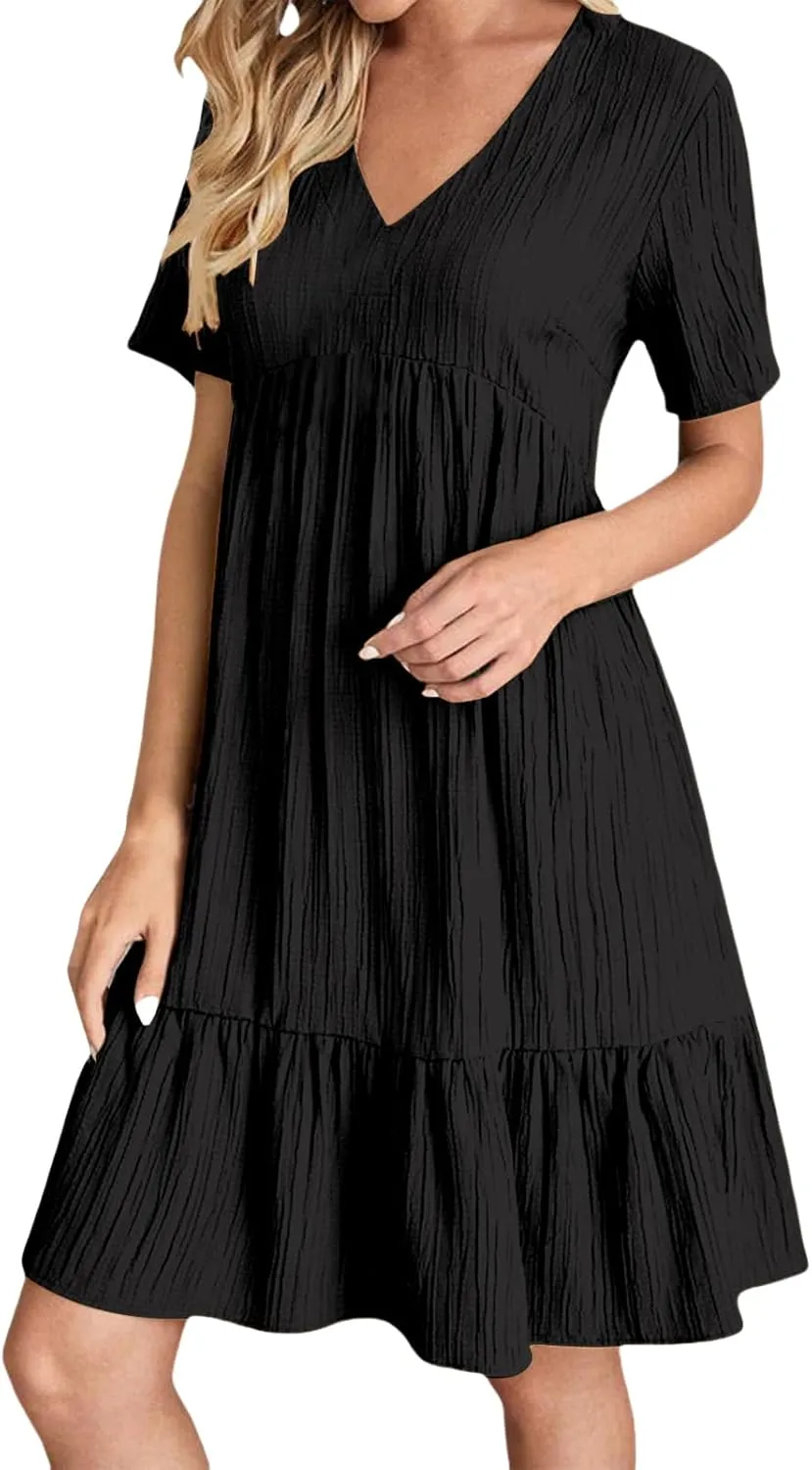 Casual Dress for Women V Neck Short Sleeve Ruffle Midi Dresses Summer Flowy Boho Tiered A Line Beach Sundress