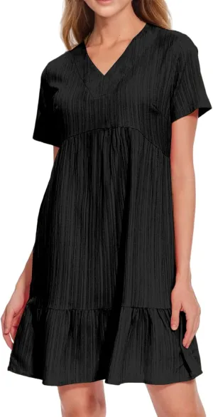 Casual Dress for Women V Neck Short Sleeve Ruffle Midi Dresses Summer Flowy Boho Tiered A Line Beach Sundress