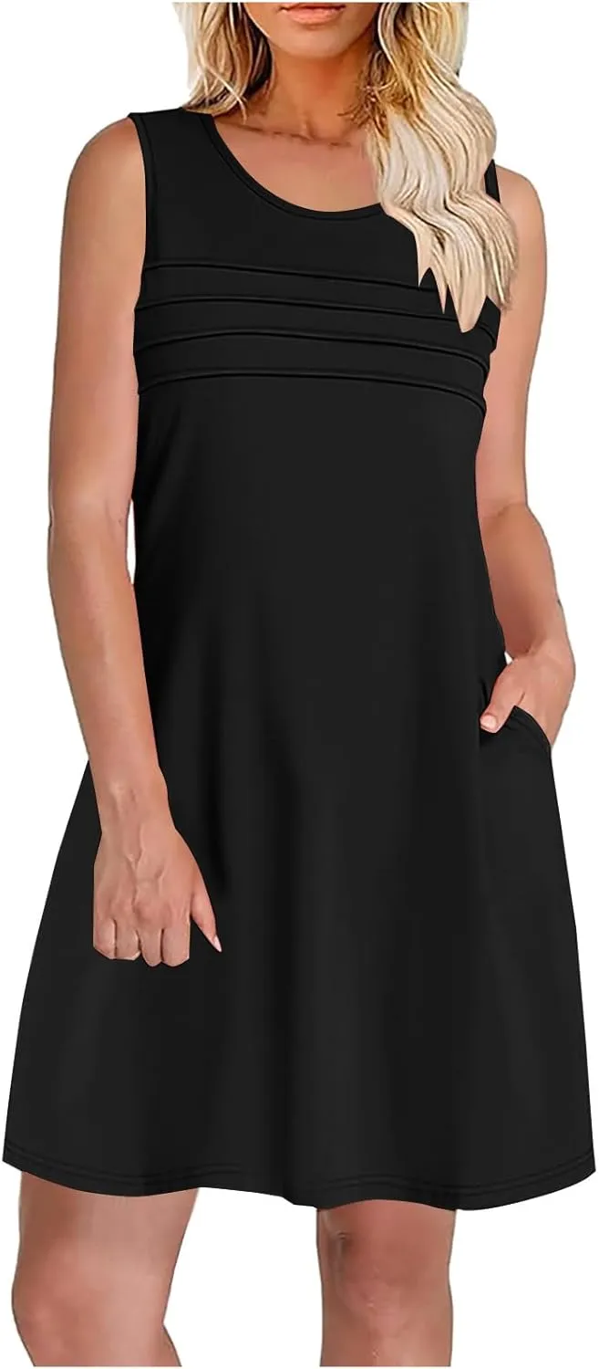 Casual Dresses for Women Sleeveless A-Line Ruched Tank Dress Summer Beach Cover Ups Flowy Sundresses with Pockets
