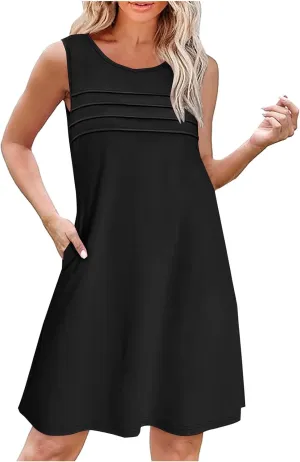 Casual Dresses for Women Sleeveless A-Line Ruched Tank Dress Summer Beach Cover Ups Flowy Sundresses with Pockets
